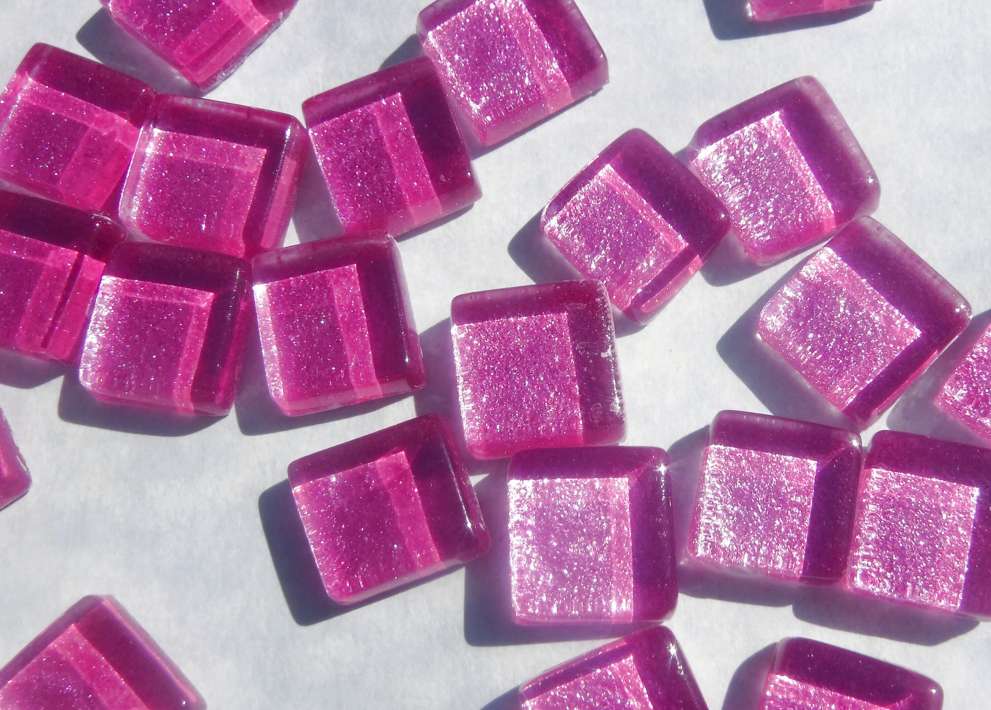 Hot Pink Foil Square Crystal Tiles - 12mm - 50g Metallic Glass Tiles in Deep Cotton Candy Pink - Approx 25 Tiles