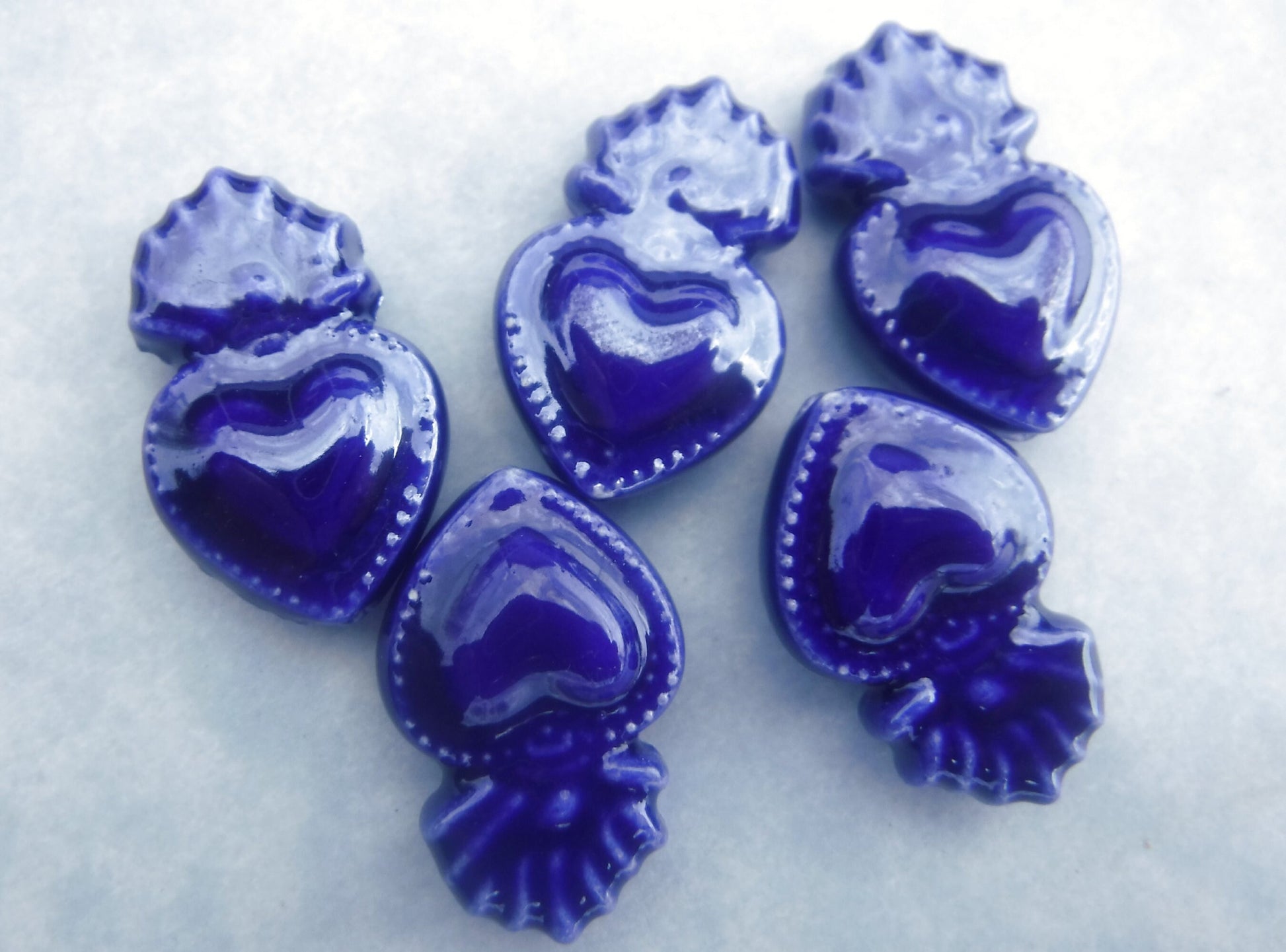 Dark Blue Milagro Heart Beads - Ceramic Mosaic Tiles - Small Sacred Heart Beads - Jewelry Supplies
