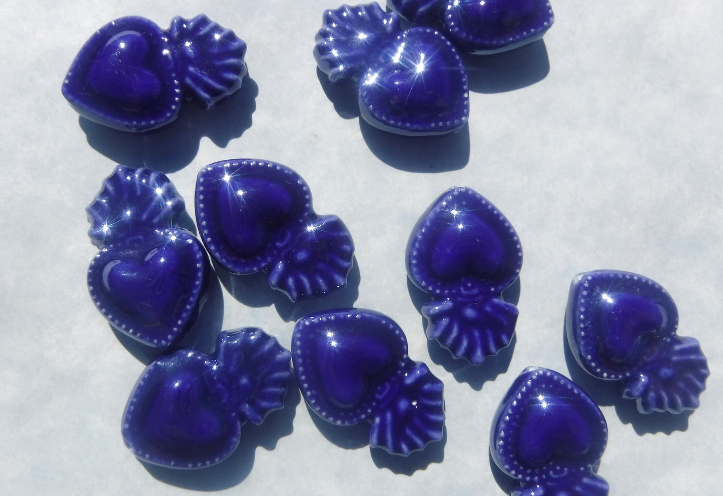 Dark Blue Milagro Heart Beads - Ceramic Mosaic Tiles - Small Sacred Heart Beads - Jewelry Supplies