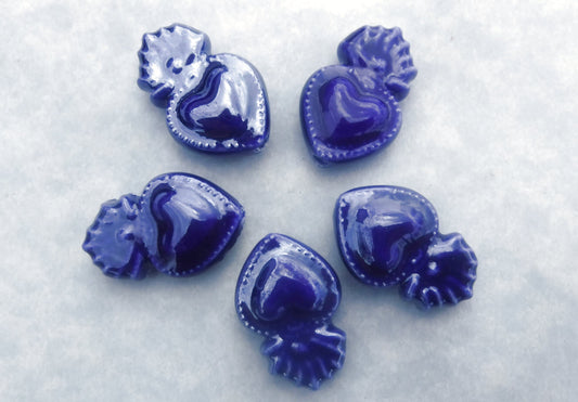 Dark Blue Milagro Heart Beads - Ceramic Mosaic Tiles - Small Sacred Heart Beads - Jewelry Supplies