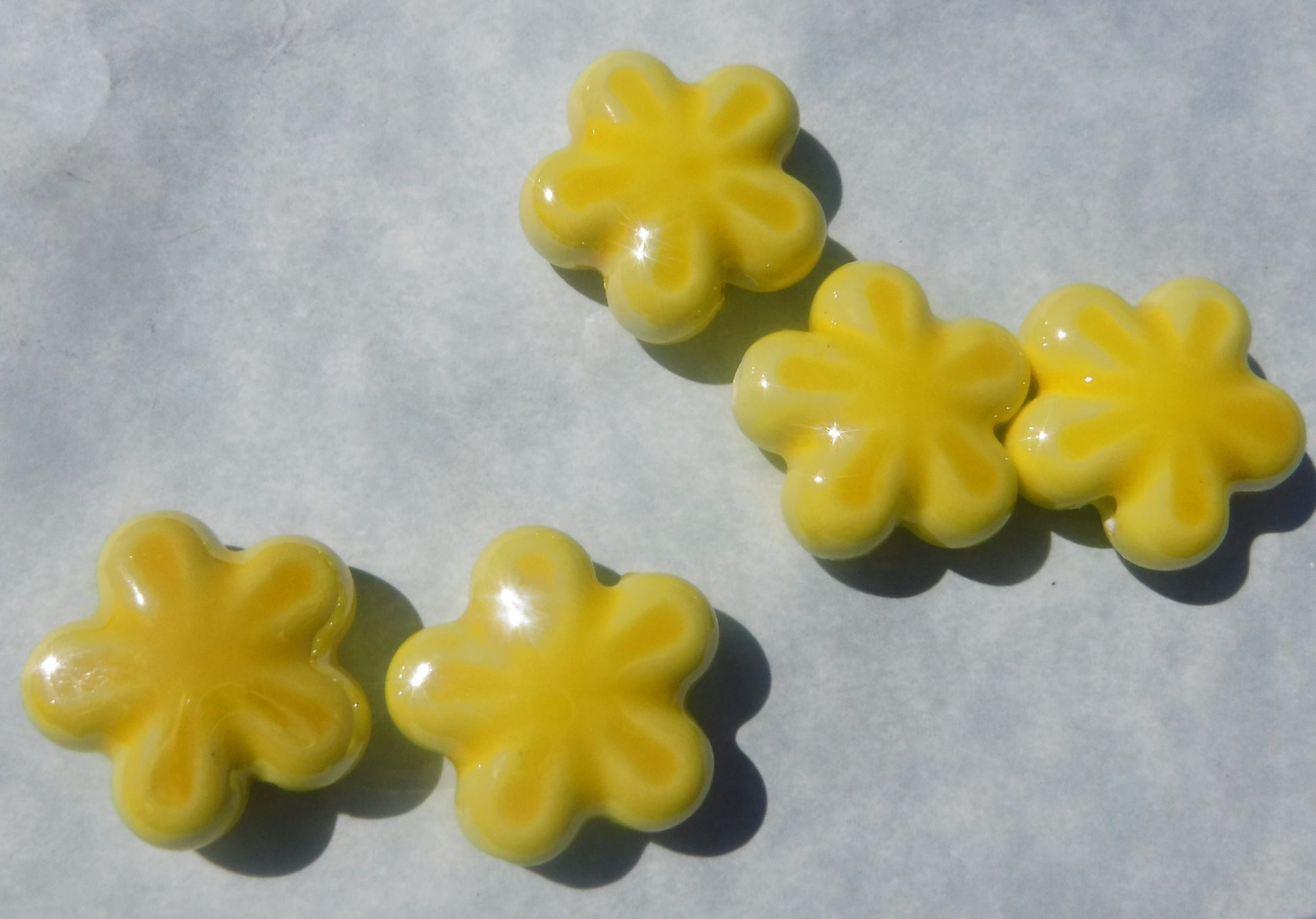 Yellow Flower Beads - 18mm Ceramic Mosaic Tiles - Five Petal Floral Jewelry Supplies