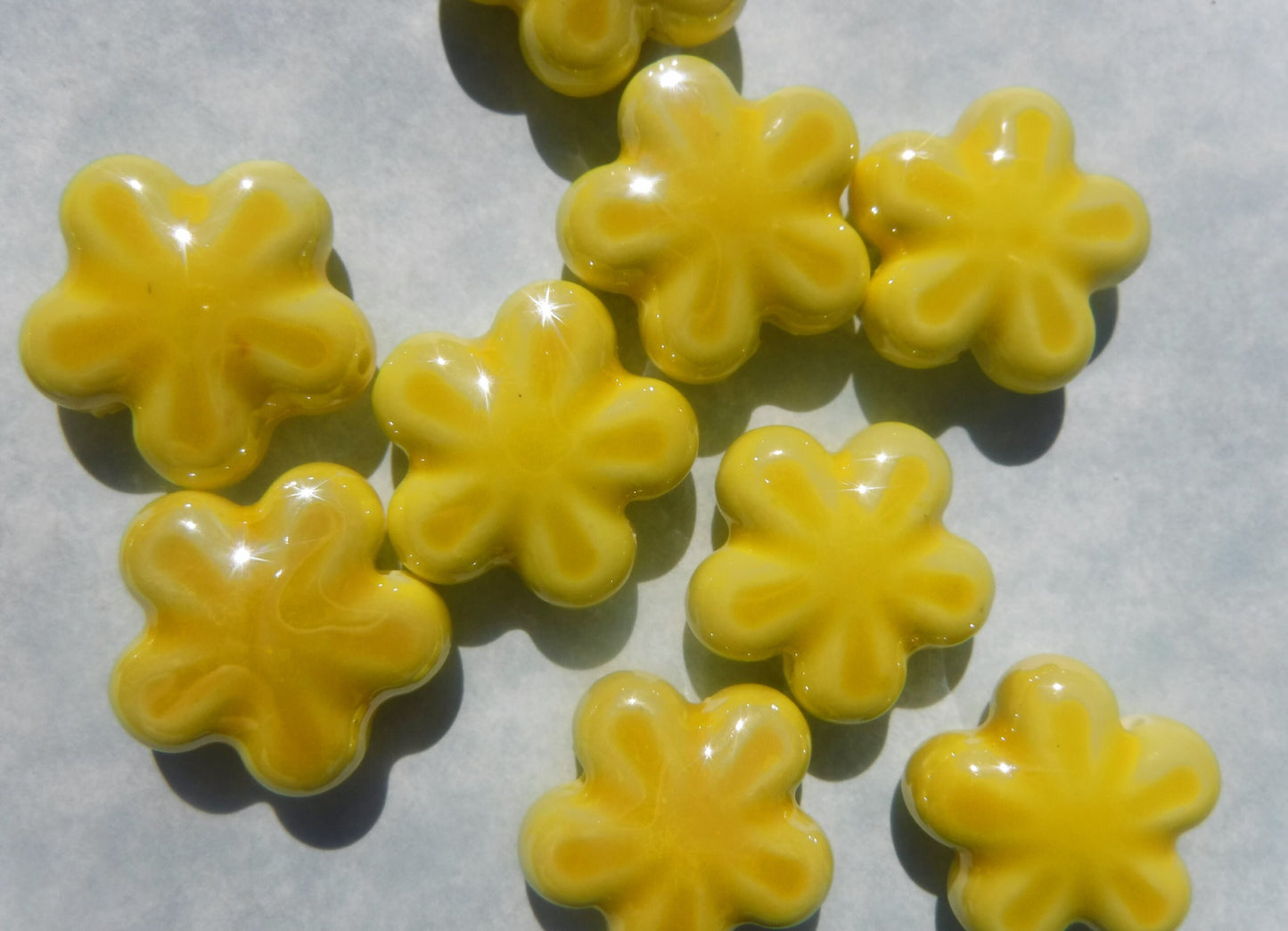 Yellow Flower Beads - 18mm Ceramic Mosaic Tiles - Five Petal Floral Jewelry Supplies