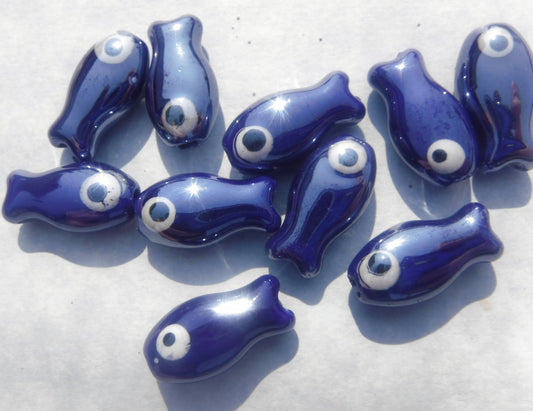 Dark Blue Fish Beads - Ceramic Mosaic Tiles - Small Fish Beads