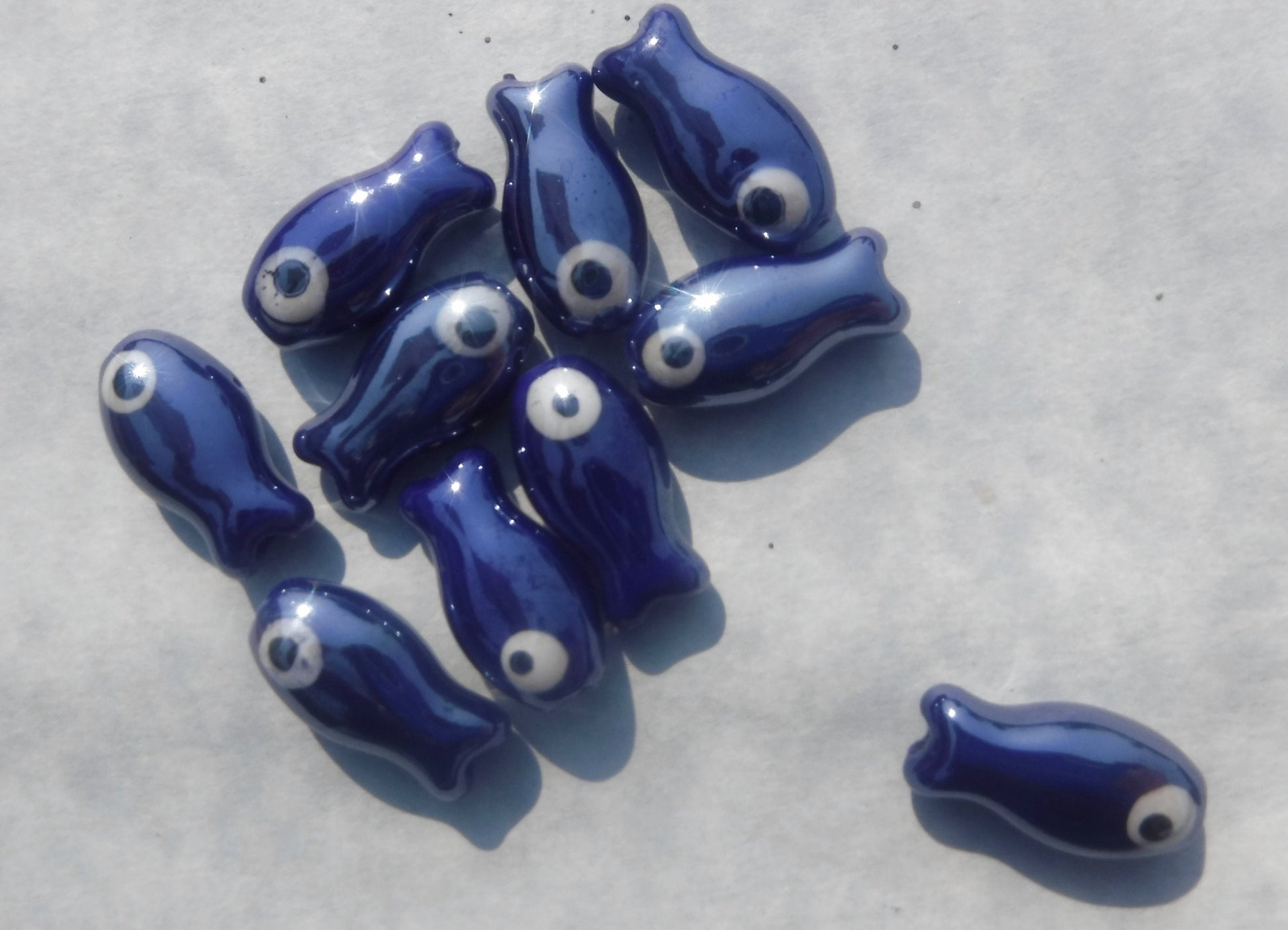 Dark Blue Fish Beads - Ceramic Mosaic Tiles - Small Fish Beads