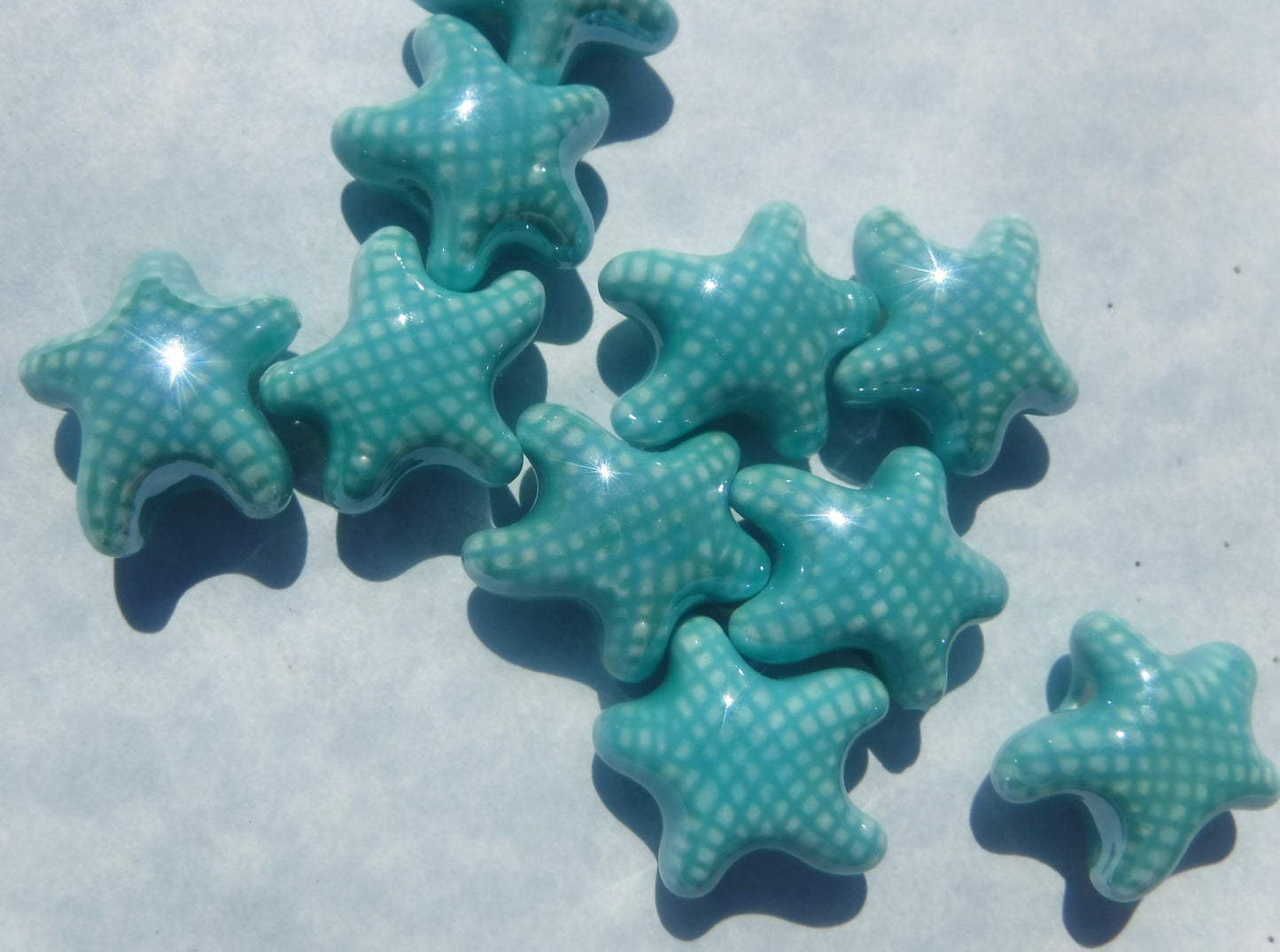 Aqua Starfish Beads - Ceramic Mosaic Tiles - 10 Puffy Beads - Sea Stars in Light Teal