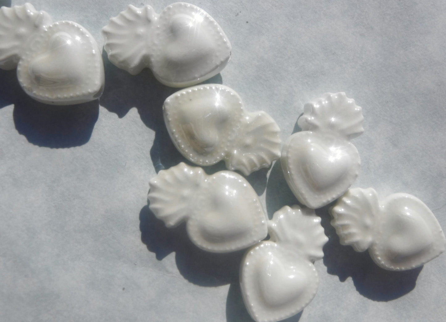 White Milagro Heart Beads - Ceramic Mosaic Tiles - Small Sacred Heart Beads - Jewelry Supplies