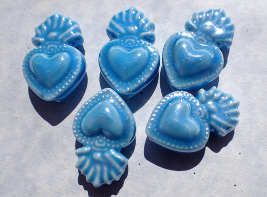 Medium Blue Milagro Heart Beads - Ceramic Mosaic Tiles - Small Sacred Heart Beads - Jewelry Supplies