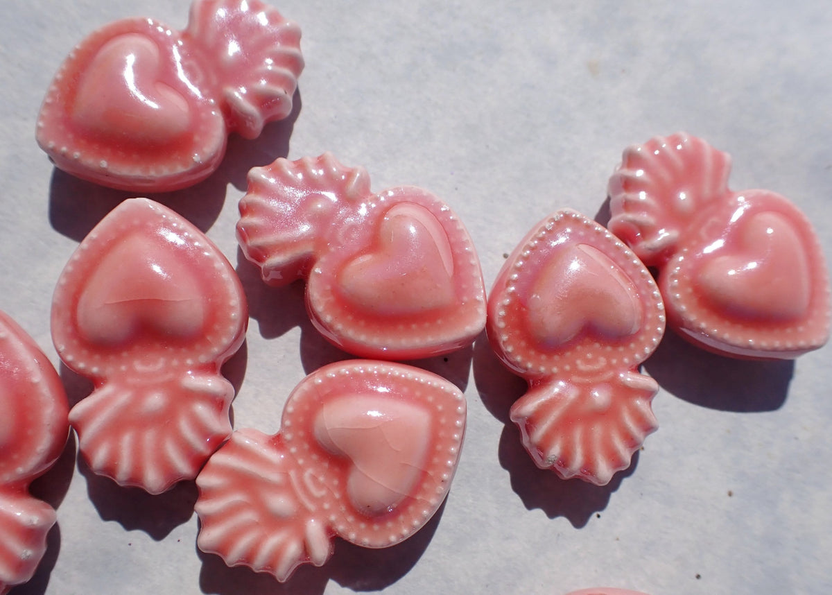 Rose Pink Milagro Heart Beads - Ceramic Mosaic Tiles - Jewelry Supplies