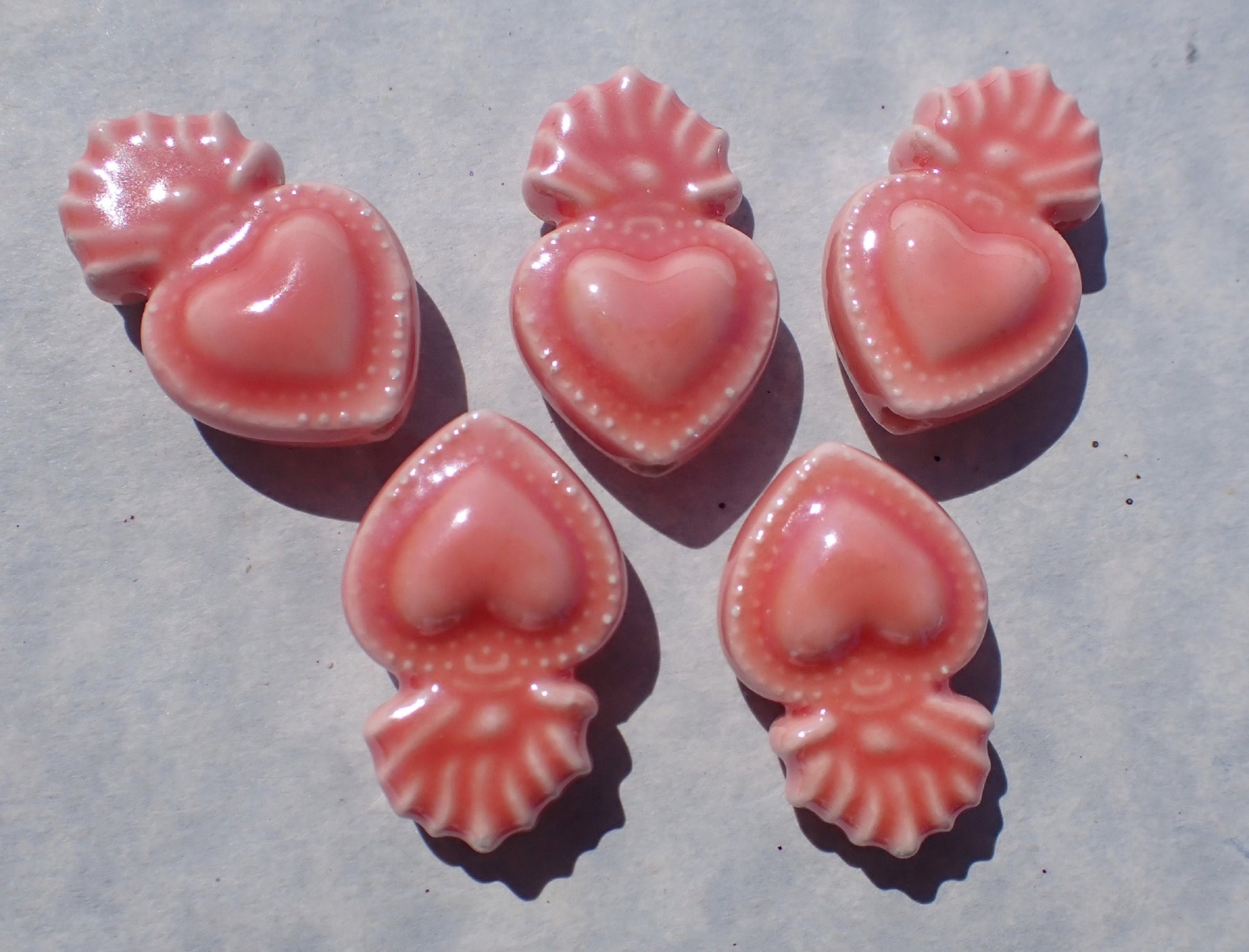 Rose Pink Milagro Heart Beads - Ceramic Mosaic Tiles - Jewelry Supplies