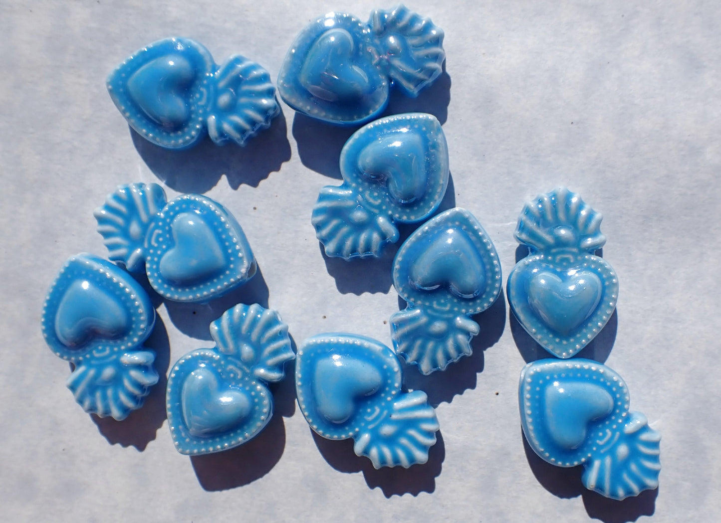 Medium Blue Milagro Heart Beads - Ceramic Mosaic Tiles - Small Sacred Heart Beads