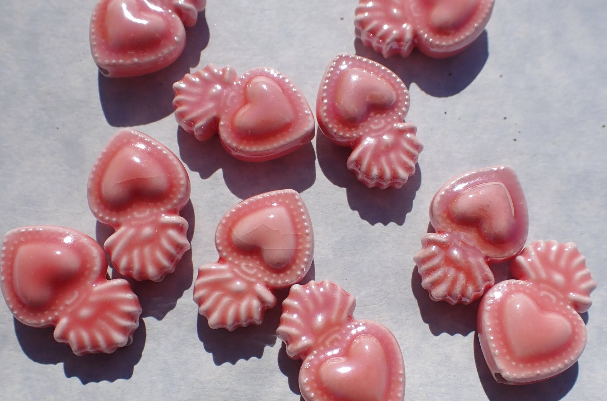 Rose Pink Milagro Heart Beads - Ceramic Mosaic Tiles - Small Sacred Heart Beads - Jewelry Supplies