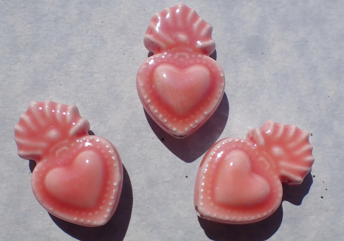 Rose Pink Milagro Heart Beads - Ceramic Mosaic Tiles - Jewelry Supplies