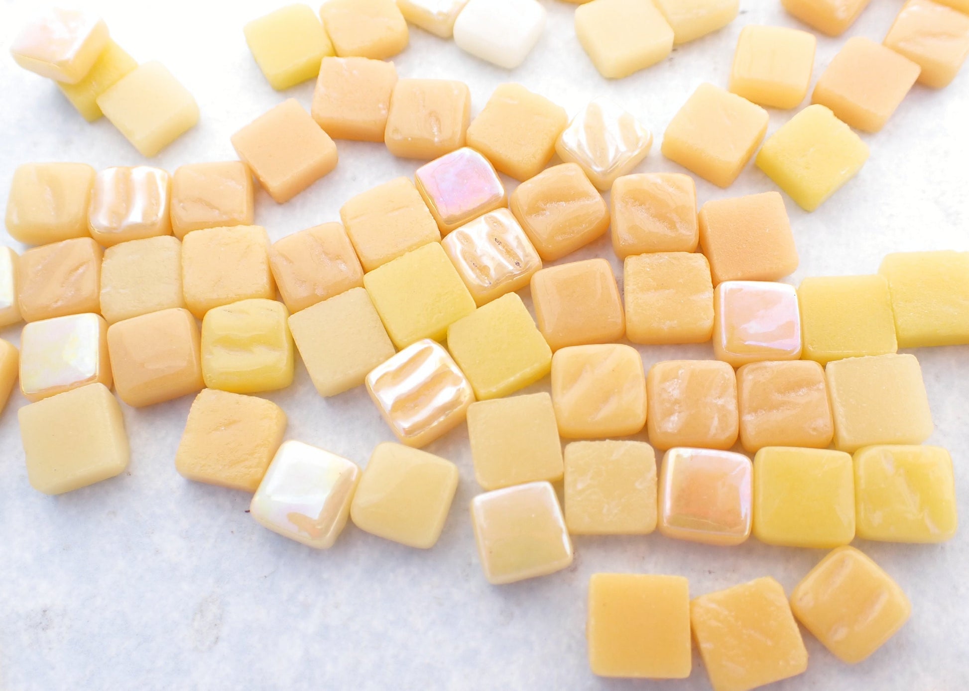 Yellow Mustards Mix Mini Glass Tiles - 8mm Square - 50 grams Opaque Glass Solid Color Mix of Deep Yellow Iridescent and Matte Tiles
