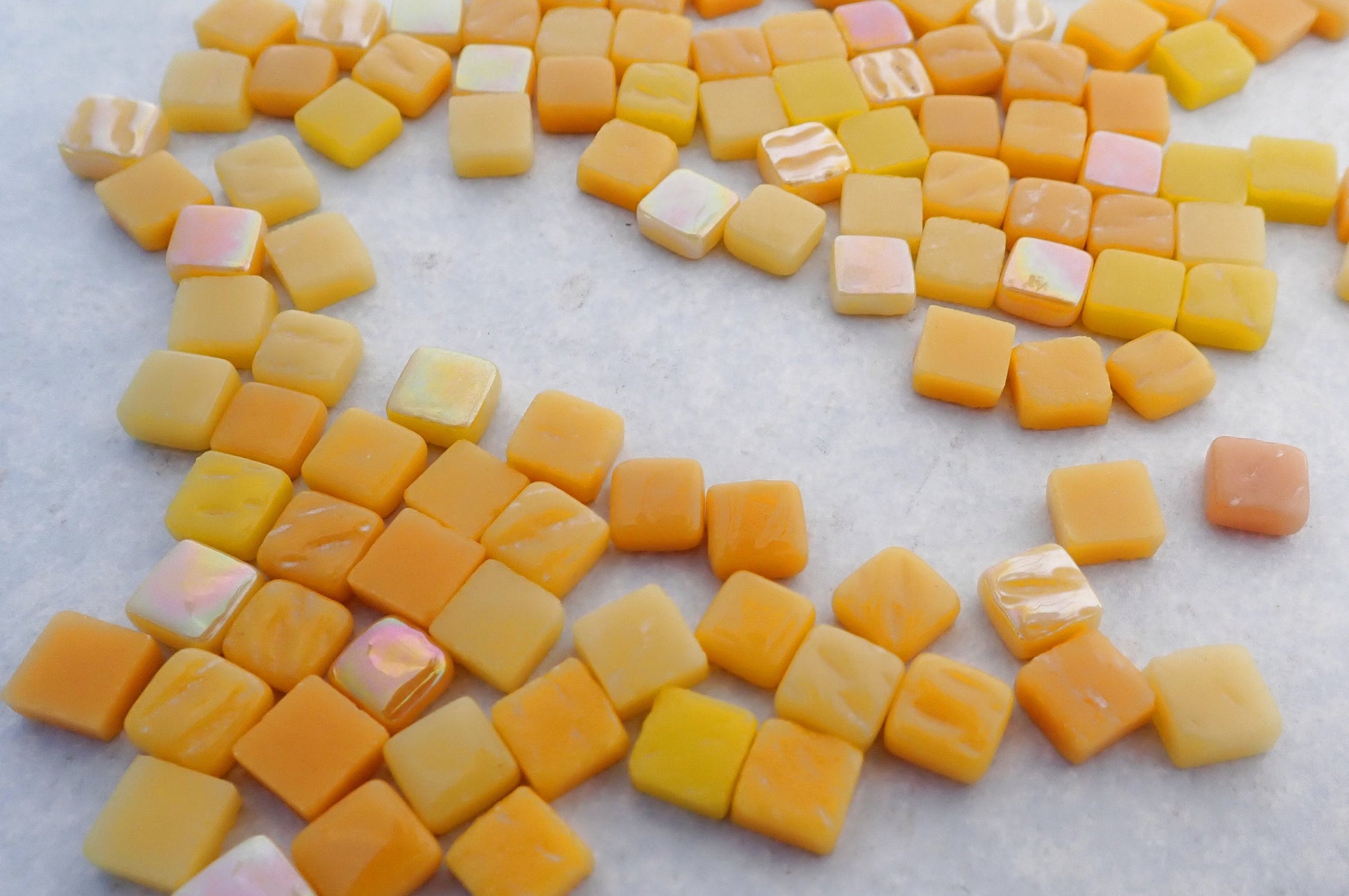 Yellow Mustards Mix Mini Glass Tiles - 8mm Square - 50 grams Opaque Glass Solid Color Mix of Deep Yellow Iridescent and Matte Tiles