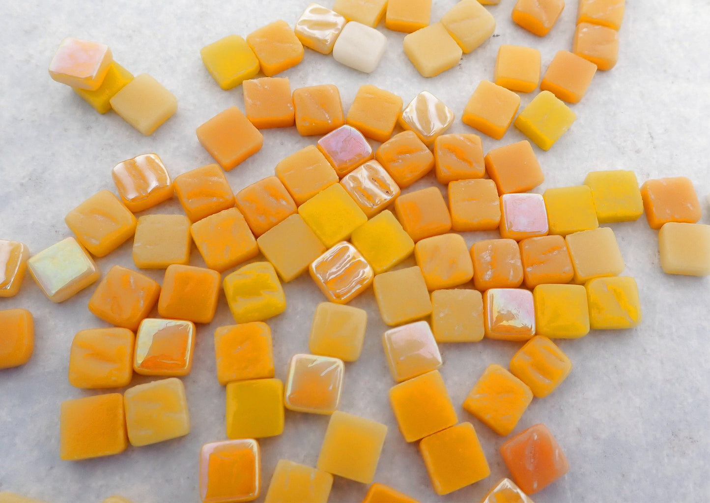 Yellow Mustards Mix Mini Glass Tiles - 8mm Square - 50 grams Opaque Glass Solid Color Mix of Deep Yellow Iridescent and Matte Tiles