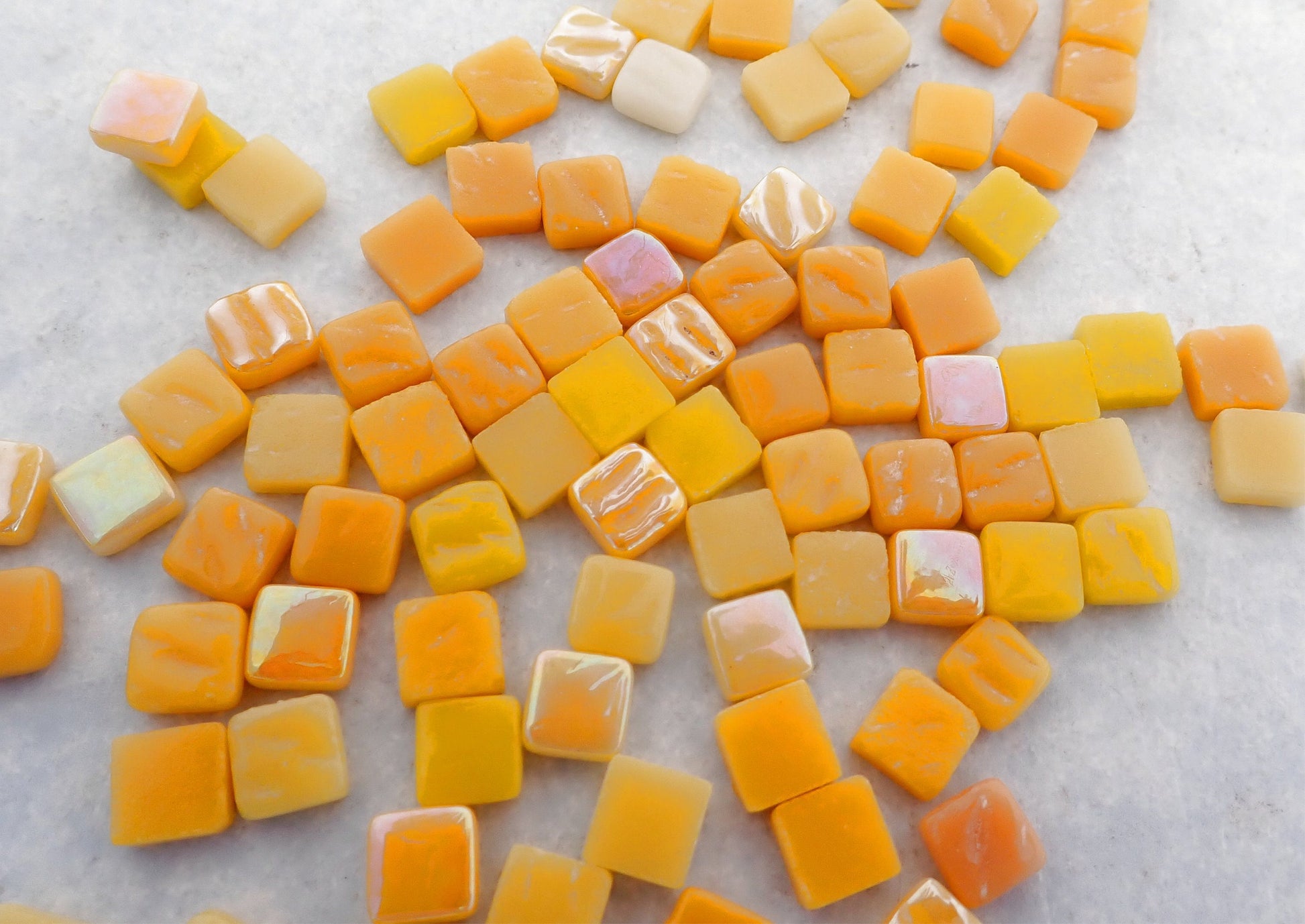 Yellow Mustards Mix Mini Glass Tiles - 8mm Square - 50 grams Opaque Glass Solid Color Mix of Deep Yellow Iridescent and Matte Tiles