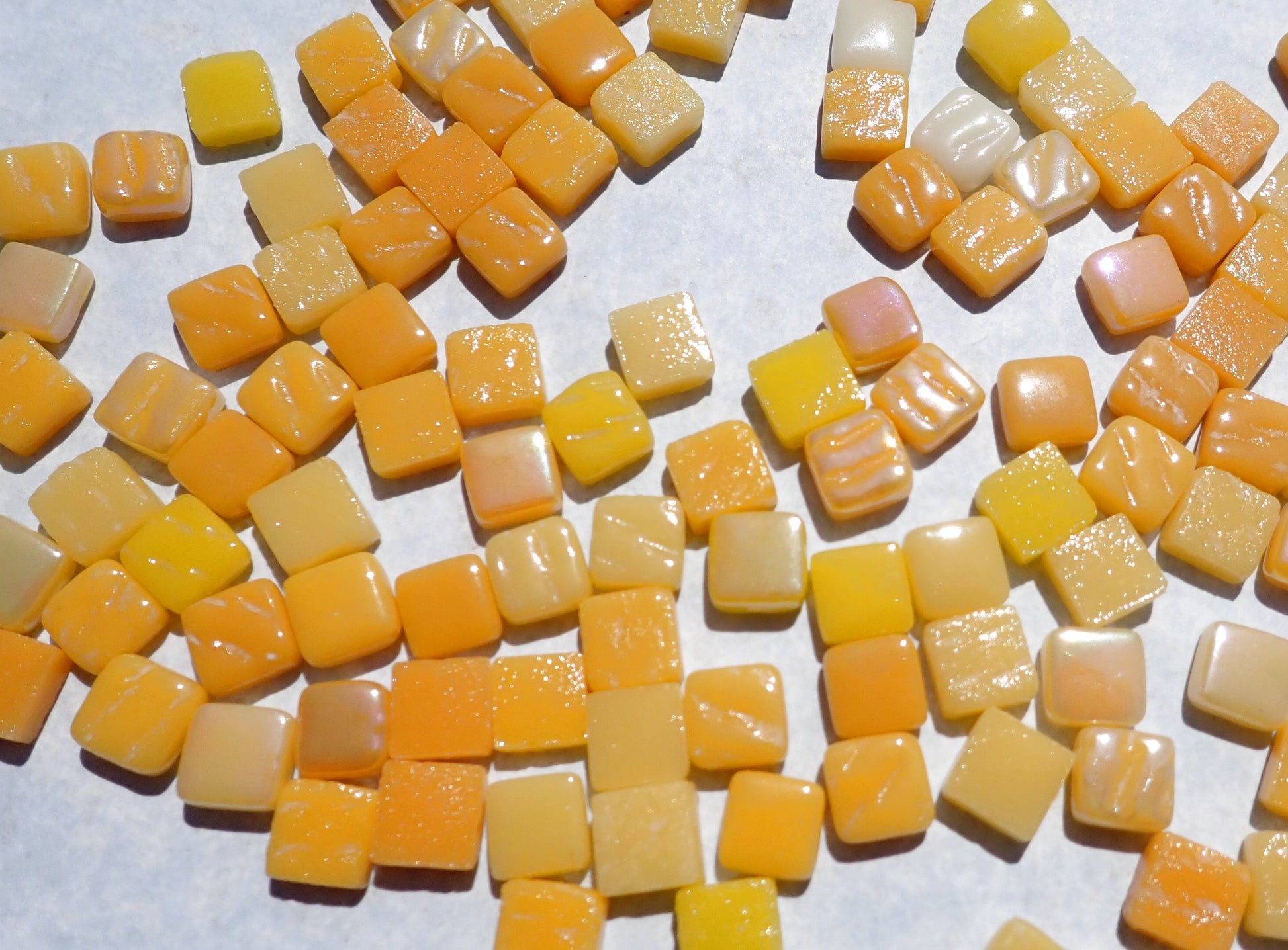 Yellow Mustards Mix Mini Glass Tiles - 8mm Square - 50 grams Opaque Glass Solid Color Mix of Deep Yellow Iridescent and Matte Tiles