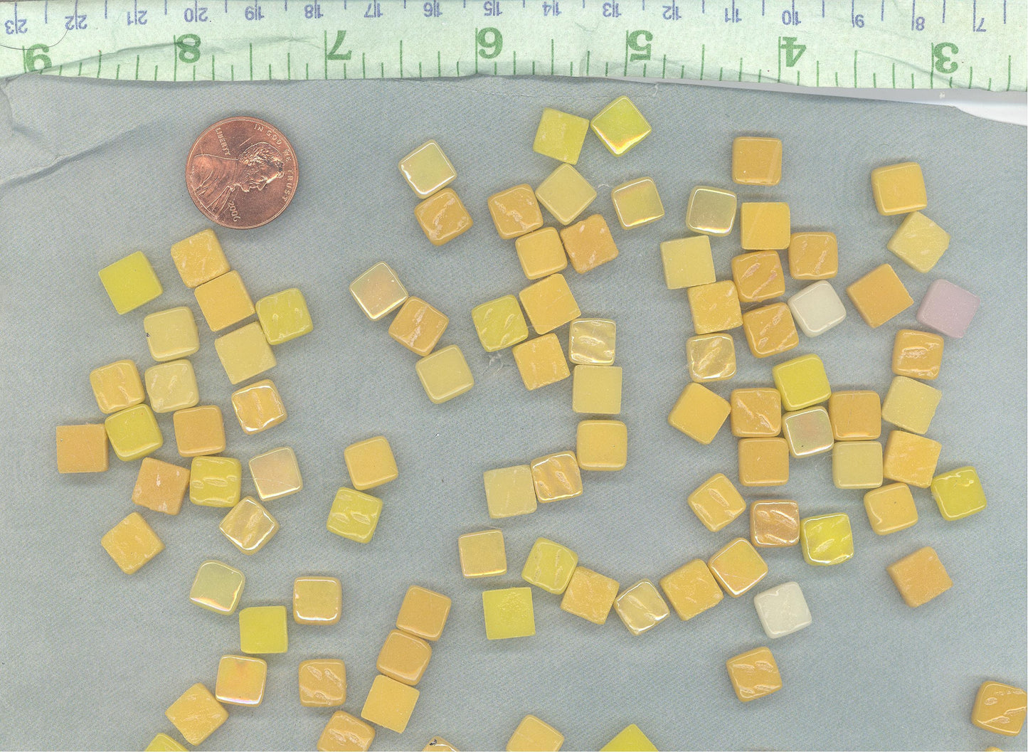 Yellow Mustards Mix Mini Glass Tiles - 8mm Square - 50 grams Opaque Glass Solid Color Mix of Deep Yellow Iridescent and Matte Tiles