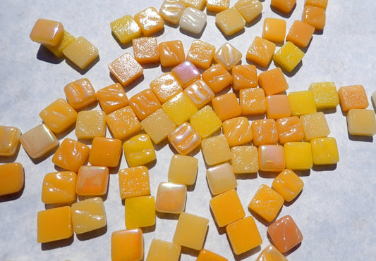 Yellow Mustards Mix Mini Glass Tiles - 8mm Square - 50 grams Opaque Glass Solid Color Mix of Deep Yellow Iridescent and Matte Tiles