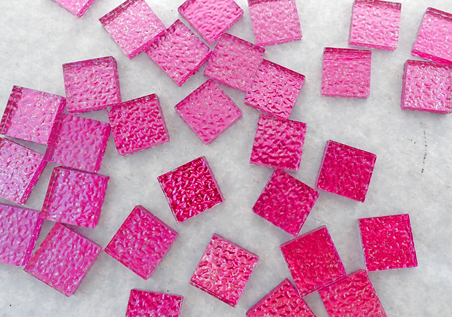 Fuchsia Textured Mirror Square Tiles - 50g - Approx 25 Glass Mosaic Tiles - 15mm