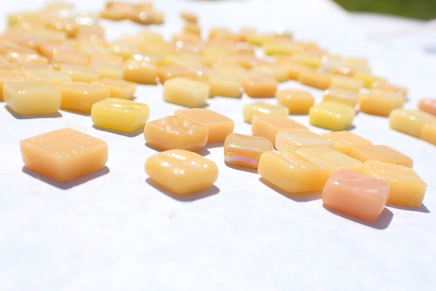 Yellow Mustards Mix Mini Glass Tiles - 8mm Square - 50 grams Opaque Glass Solid Color Mix of Deep Yellow Iridescent and Matte Tiles