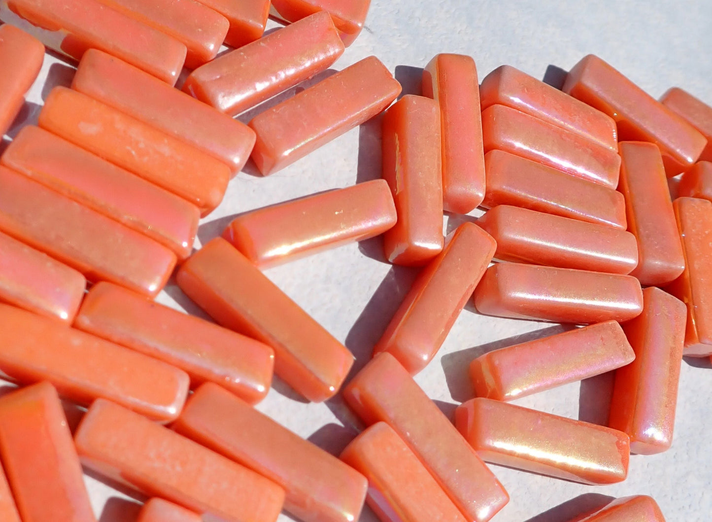 Orange Iridescent Rectangle Mosaic Tiles - 20mm Sticks - 50g Glass Bar Tiles - Approx 40 Tiles