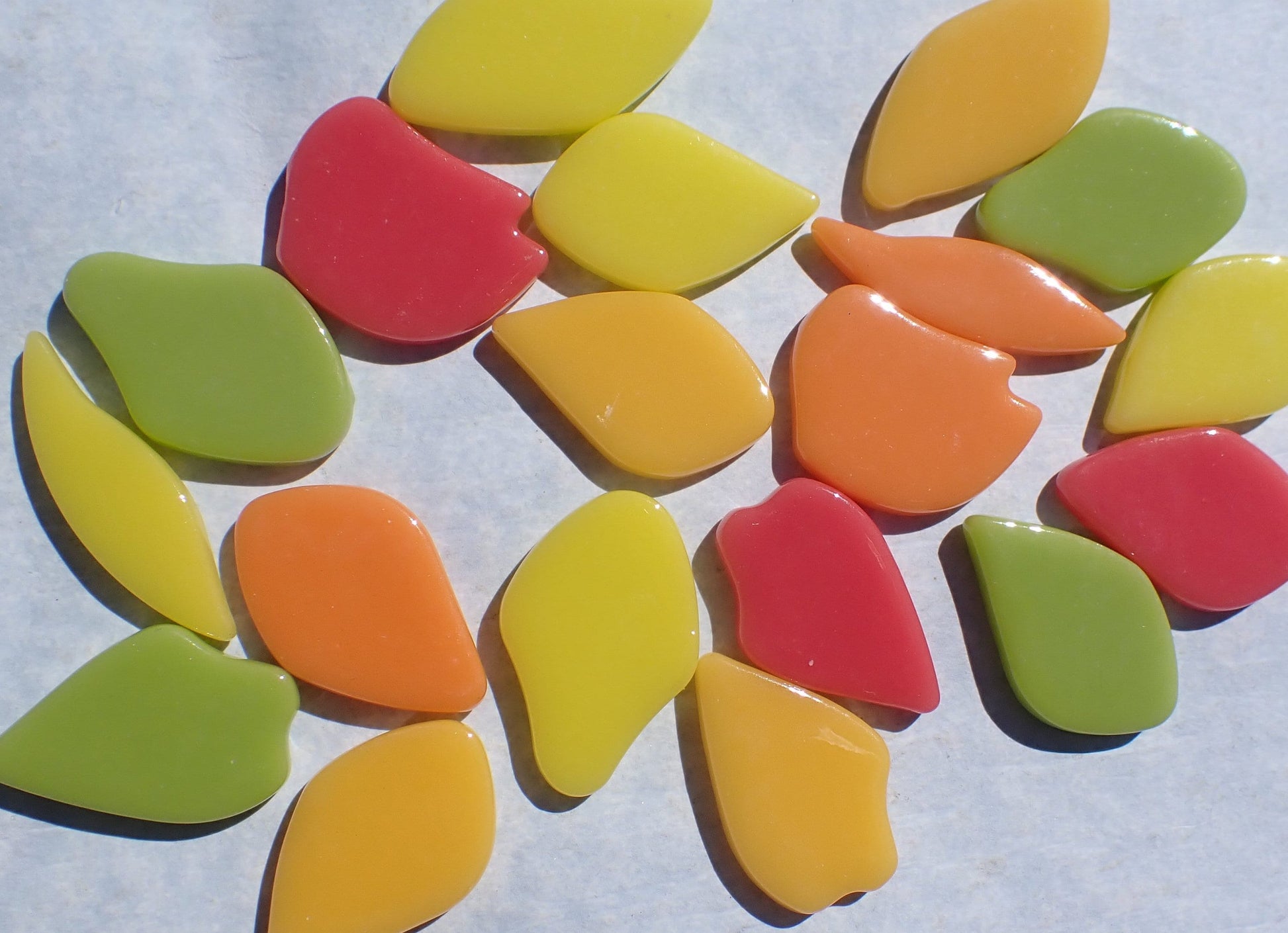 Orange Yellow Green Red Glass Petals - 50g of Leaves in a Mix of Shapes and Sizes - Portulaca Bouquet