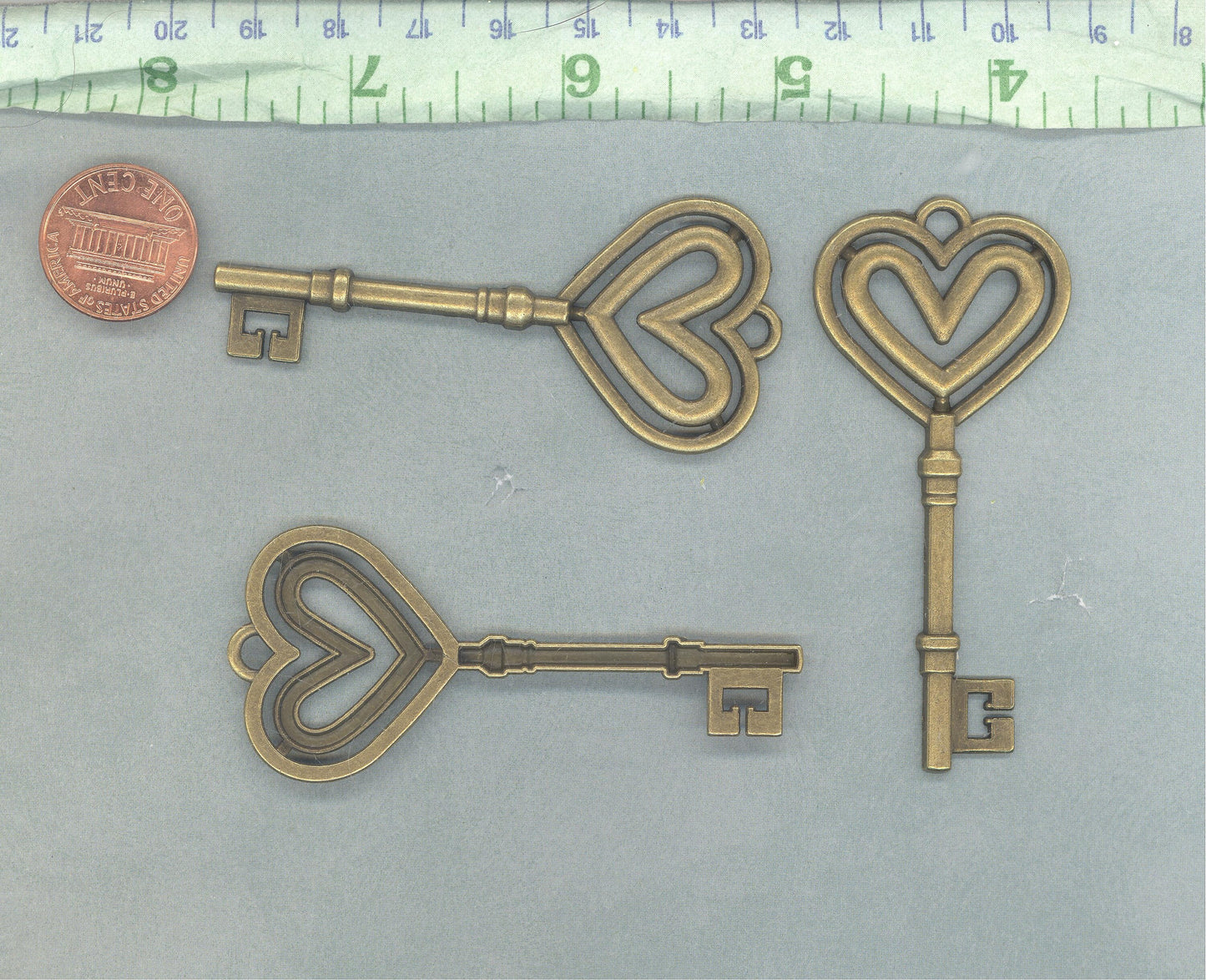 Heart Keys - Set of 3 New Bronze Toned Skeleton Keys Charms for Mosaics Mixed Media Art Jewelry Findings