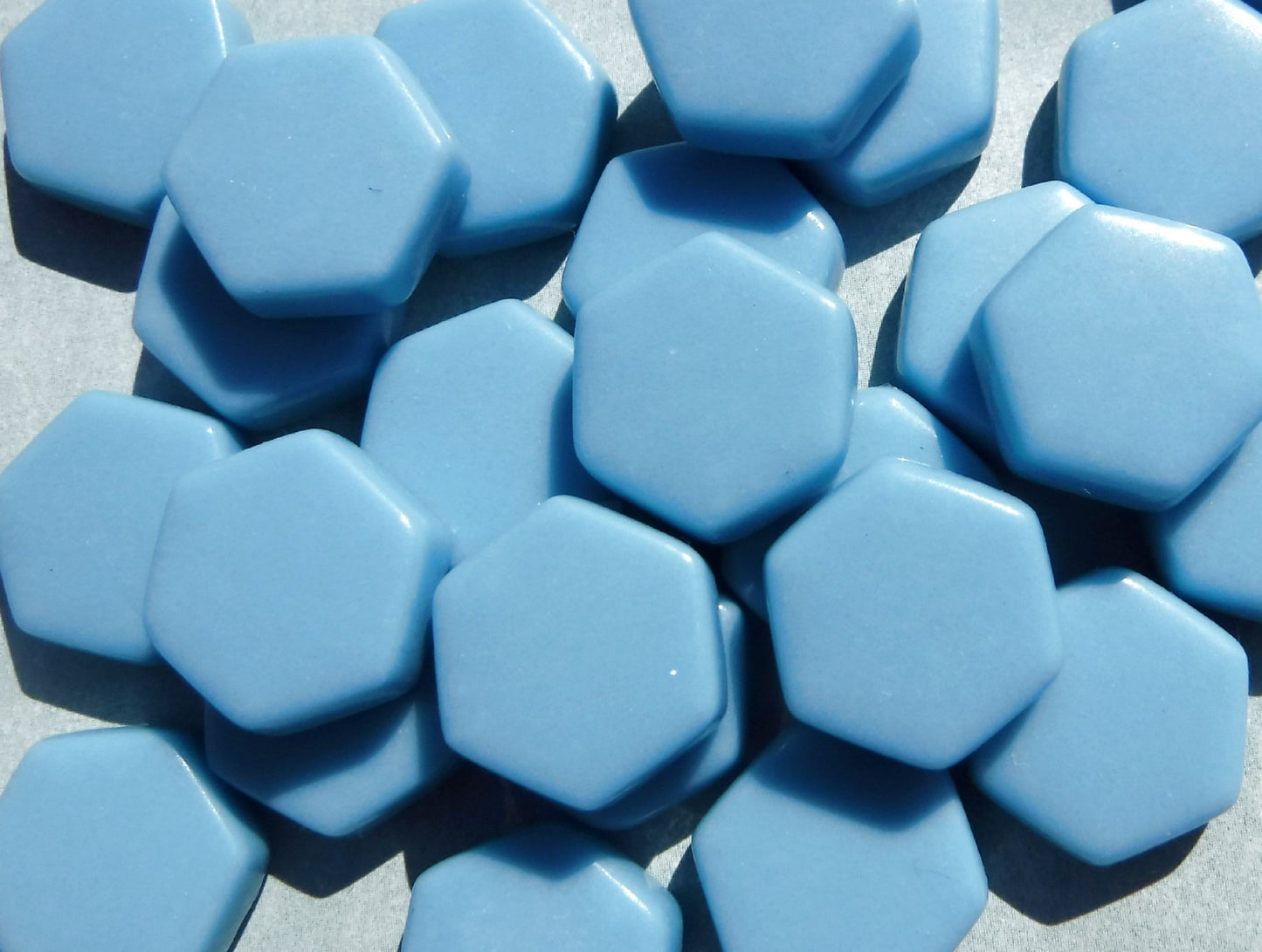 Light Blue Hexagon Mosaic Tiles - 15mm - 100g Opaque Glass Tiles in Hawaiian Blue