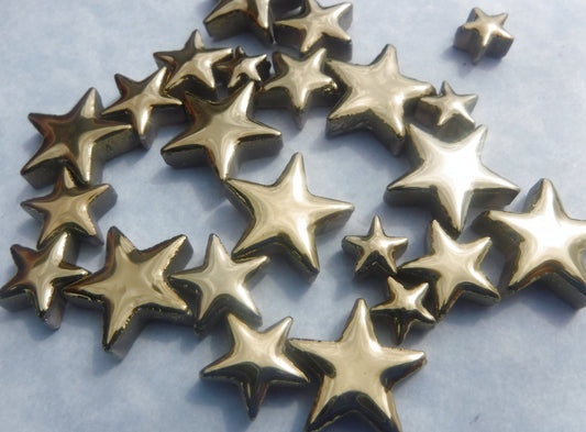 Gold Stars Mosaic Tiles - 50g Ceramic in Mix of 3 Sizes - 20mm, 15mm, 10mm