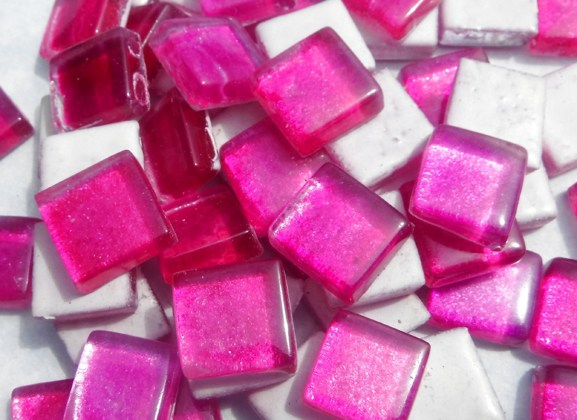 Electric Fuchsia Foil Crystal Tiles - 12mm - 50g Metallic Glass Squares in Bright Pink