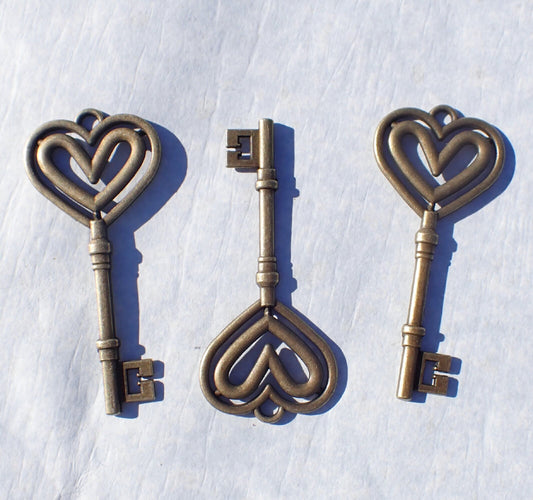 Heart Keys - Set of 3 New Bronze Toned Skeleton Keys Charms for Mosaics Mixed Media Art Jewelry Findings