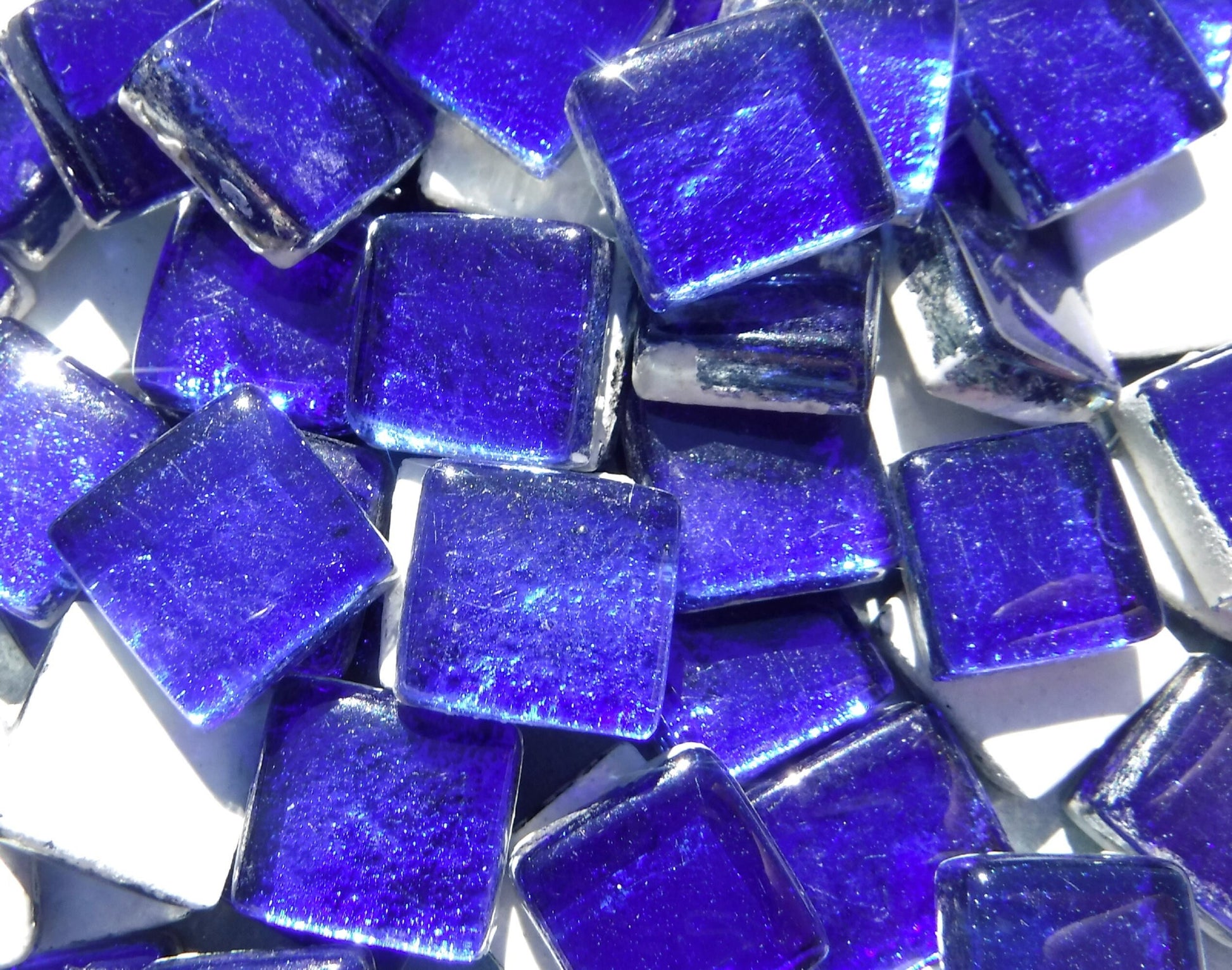 Cobalt Blue Foil Square Crystal Tiles - 12mm - 50g - Approx 25 Metallic Glass Mosaic Tiles