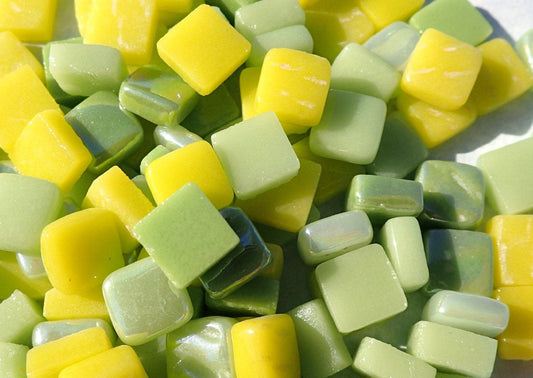 Lemon Lime Mix Mini Glass Tiles - 8mm Square - 50 grams Opaque Glass Solid Color Mix of Green and Yellow Iridescent and Matte Tiles