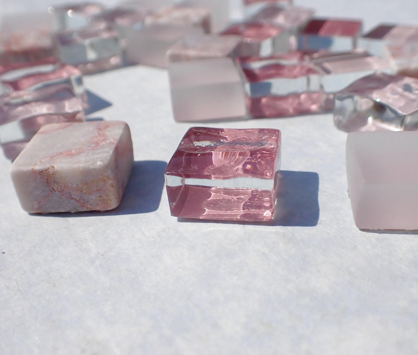 Romantic Pink Mix Glass and Marble Mosaic Tiles - 25 Squares in Shabby Shades - 15mm