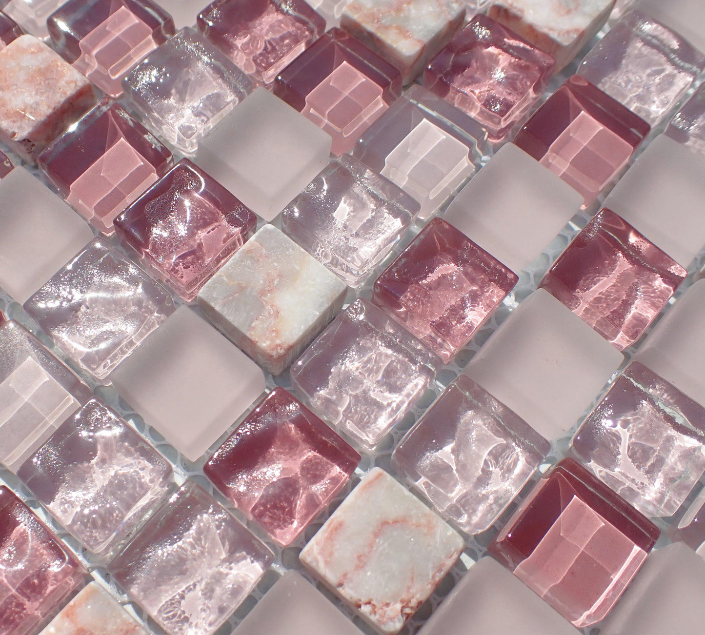 Romantic Pink Mix Glass and Marble Mosaic Tiles - 25 Squares in Shabby Shades - 15mm
