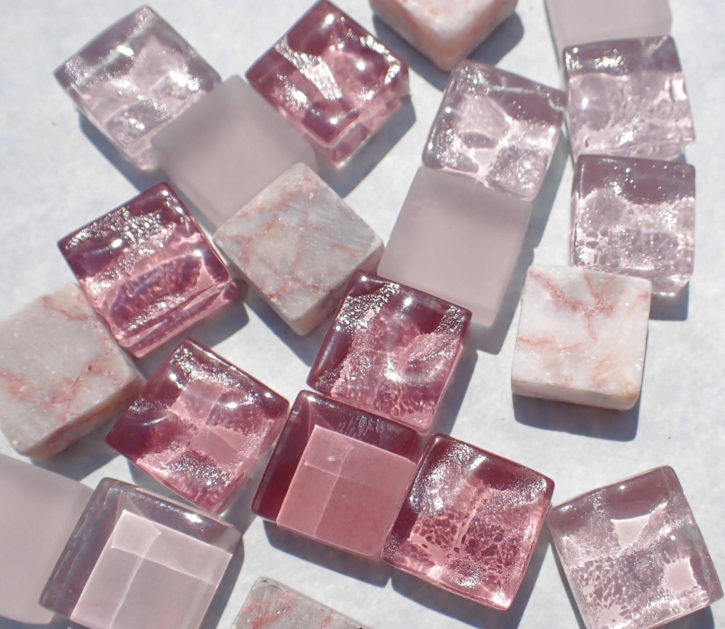 Romantic Pink Mix Glass and Marble Mosaic Tiles - 25 Squares in Shabby Shades - 15mm