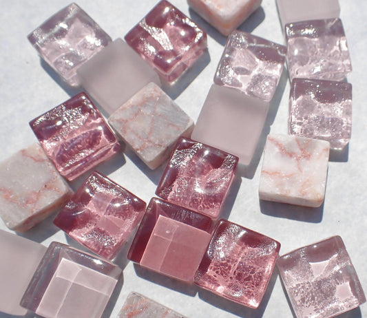 Romantic Pink Mix Glass and Marble Mosaic Tiles - 25 Squares in Shabby Shades - 15mm