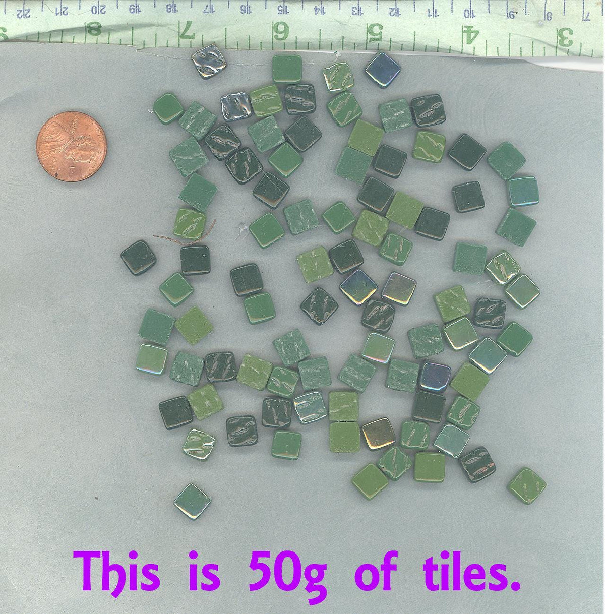 Forest Greens Mini Glass Tiles - 8mm - 50 grams Mix of Pale and Dark Green Iridescent and Matte Squares