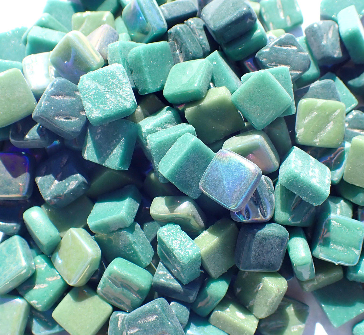 Forest Greens Mini Glass Tiles - 8mm - 50 grams Mix of Pale and Dark Green Iridescent and Matte Squares