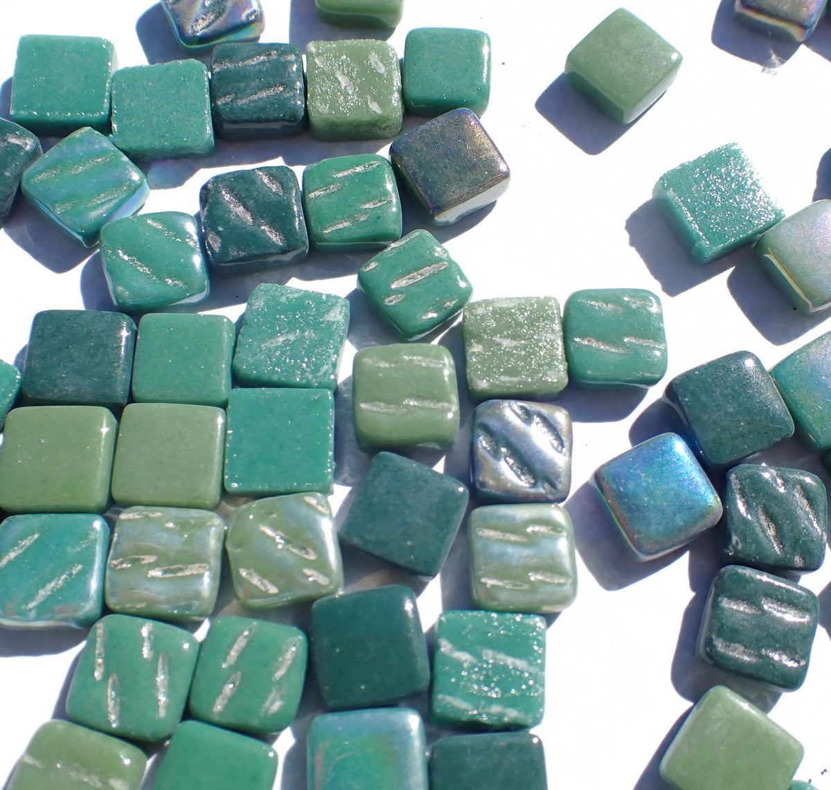 Forest Greens Mini Glass Tiles - 8mm - 50 grams Mix of Pale and Dark Green Iridescent and Matte Squares