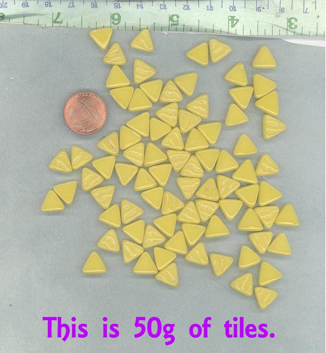 Small Yellow Triangle Glass Mosaic Tiles - 10mm - Opaque Glass Solid Color - 50g of Triangles - Approx 80 Tiles