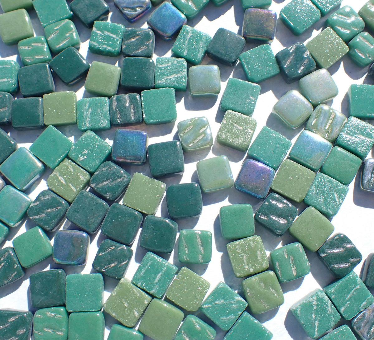 Forest Greens Mini Glass Tiles - 8mm - 50 grams Mix of Pale and Dark Green Iridescent and Matte Squares