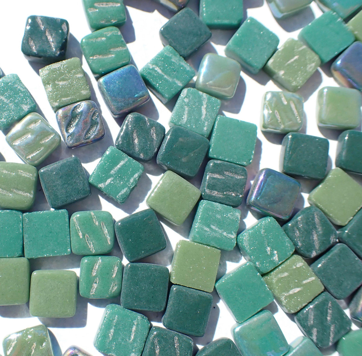Forest Greens Mini Glass Tiles - 8mm - 50 grams Mix of Pale and Dark Green Iridescent and Matte Squares