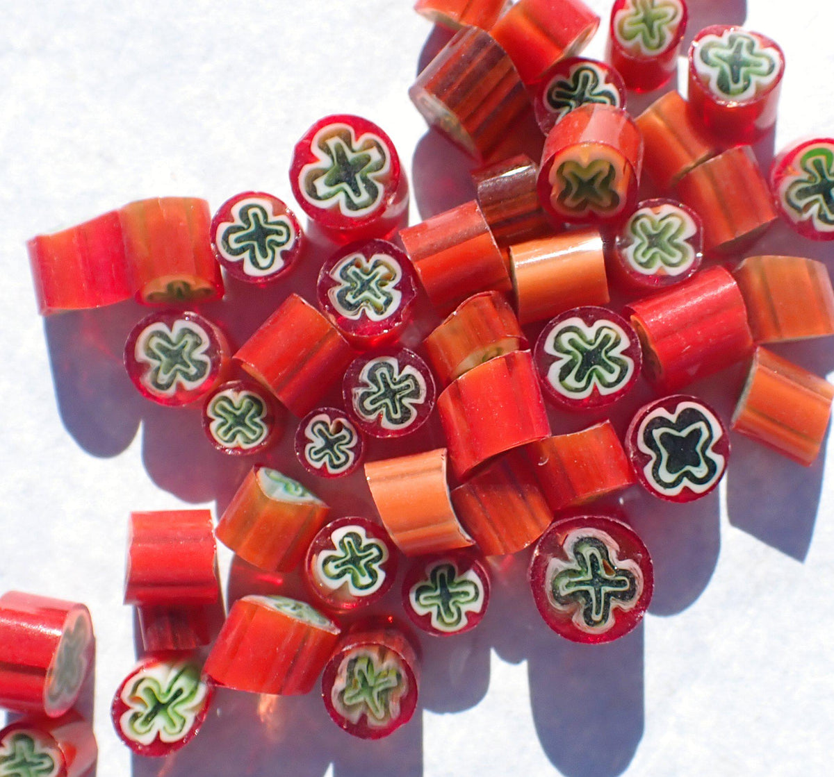 Green Clover in Orange Millefiori - 25 grams - Mosaic Glass Tiles