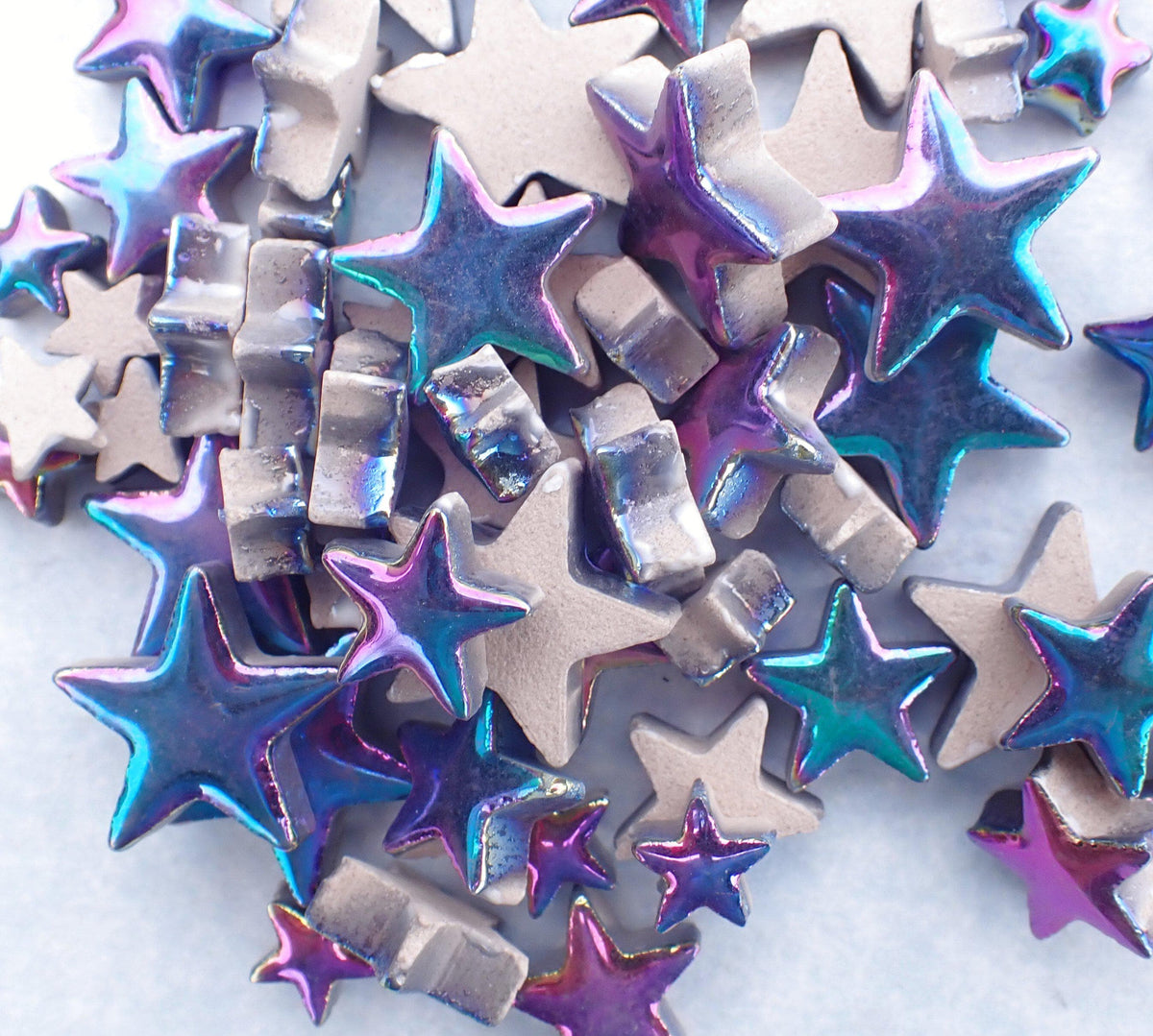 Colorful Metallic Stars Mosaic Tiles - 50g Ceramic in Mix of 3 Sizes - 20mm, 15mm, 10mm