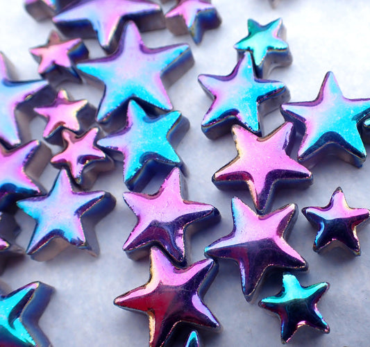 Colorful Metallic Stars Mosaic Tiles - 50g Ceramic in Mix of 3 Sizes - 20mm, 15mm, 10mm