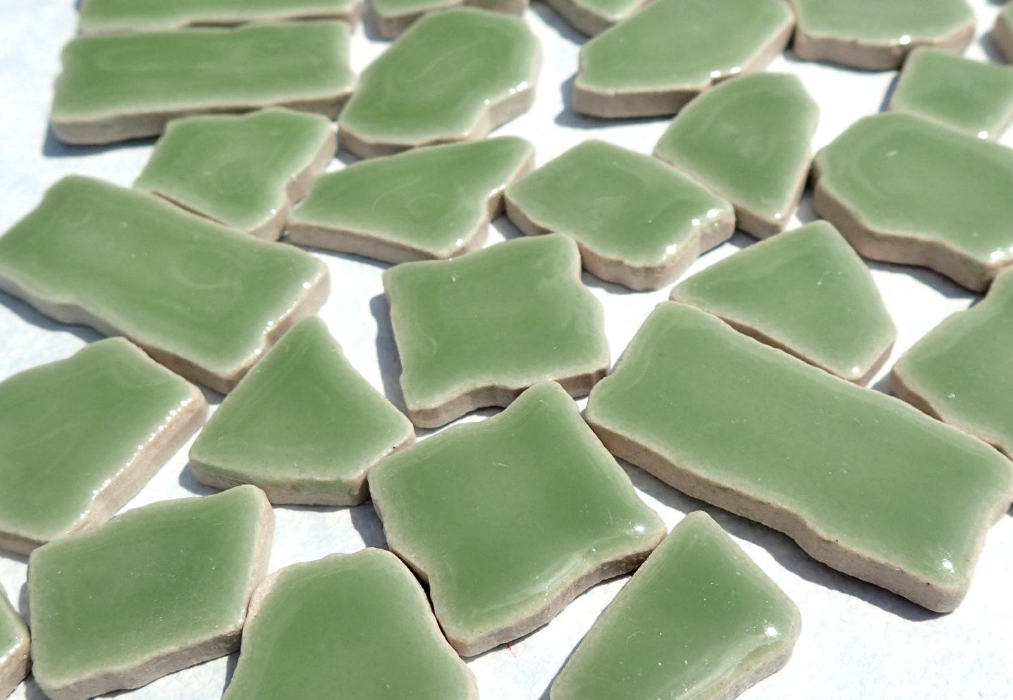 Jade Green Mosaic Ceramic Tiles - Jigsaw Puzzle Shaped Pieces - Half Pound - Assorted Sizes Random Shapes