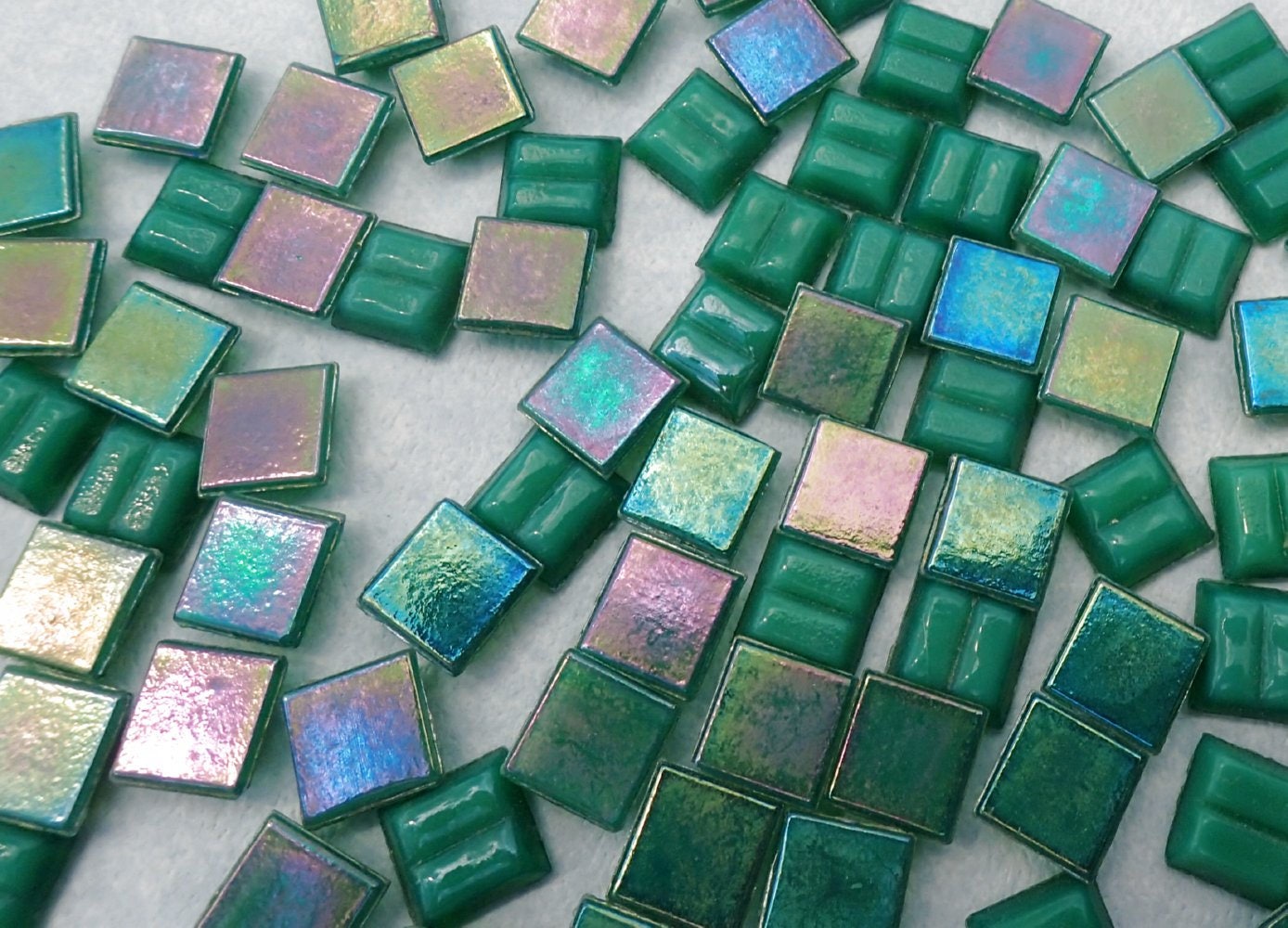 Rainforest Green Iridescent Venetian Glass Tiles - 1 cm - 100 grams - Approx 150 Tiles