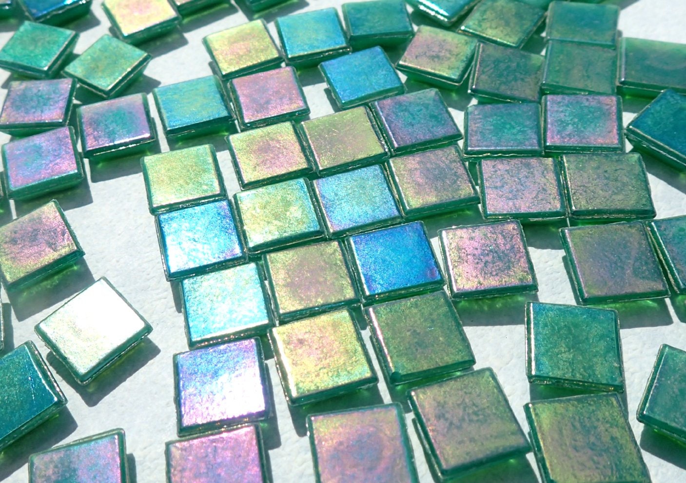 Rainforest Green Iridescent Venetian Glass Tiles - 1 cm - 100 grams - Approx 150 Tiles